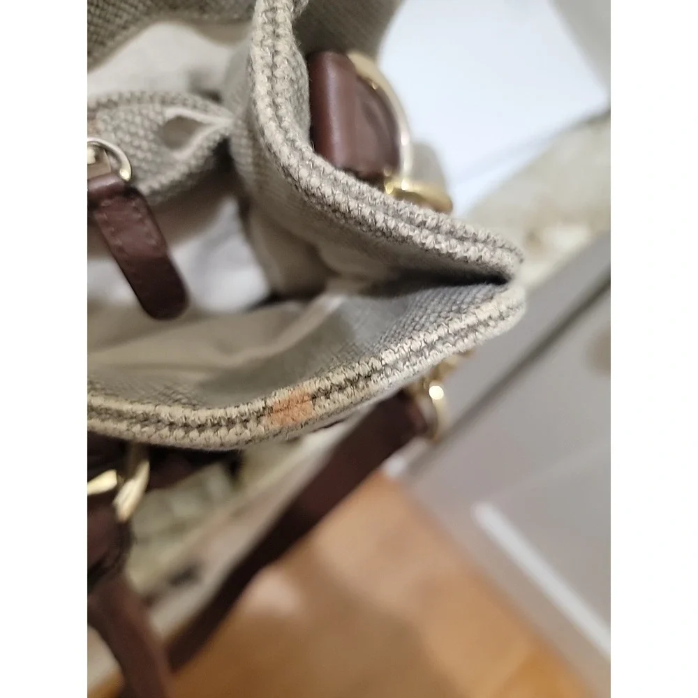 Michael Kors Hamilton Tan Leather Trim Canvas Shoulder Hand Bag Gold Chain